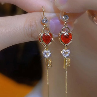 2025 new red love concentric lock long tassel ear wire micro-inlaid zircon earrings versatile temperament earrings