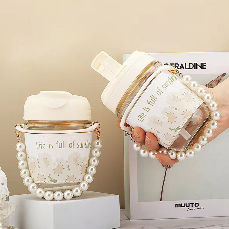 High-looking ins style pearl chain sunflower double drinking straw cup Home Office fresh portable glass water Cup