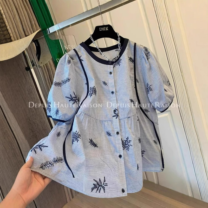 2025 Summer Unique and Super Nice French Embroidered Stripesd Puff Sleeve Short-Sleeved Shirt Babydoll Loose Top 2025 Summer Unique and Super Nice French Embroidered Stripesd Puff Sleeve Short-Sleeved Shirt Babydoll Loose Top