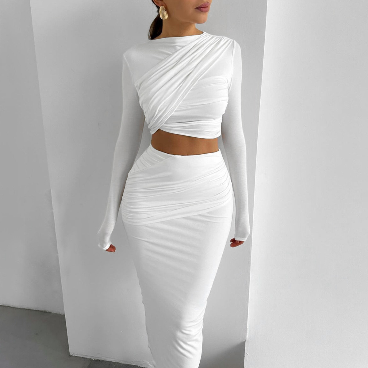 European American Style Women's Clothing 2024 Autumn And Winter New Foreign Trade Round-neck Long-sleeve Crop Top_ecoleips.com