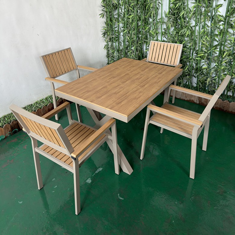 Mesas y sillas de patio al aire libre, mesas grandes, balcones, campamentos de ocio, mesas y sillas de madera de plástico de madera anticorrosiva, mesas exteriores de café y té con leche