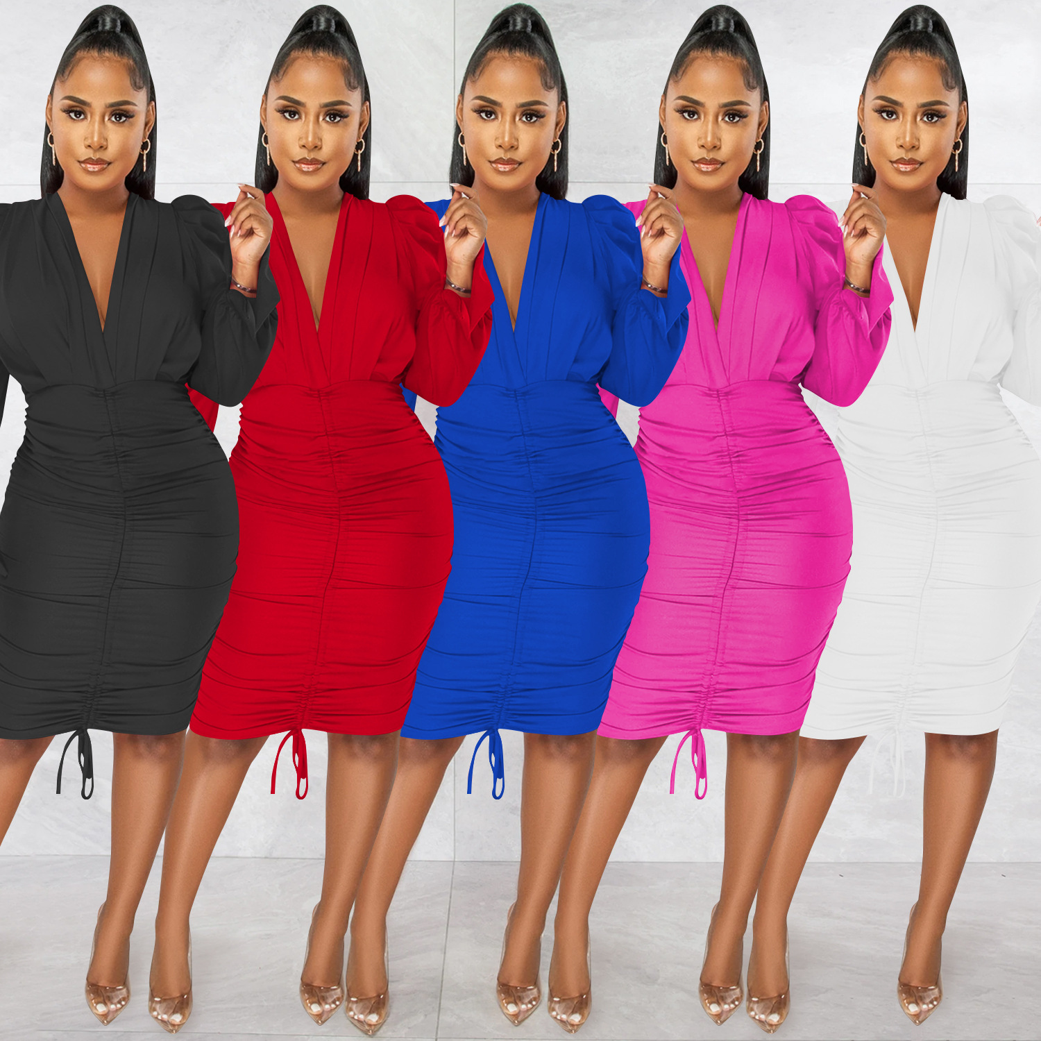 X5893 transfronteriza nueva Europa y América AliExpress Amazon Moda casual de color sólido de manga larga plisada con cuello en V vestido de las mujeres image 1