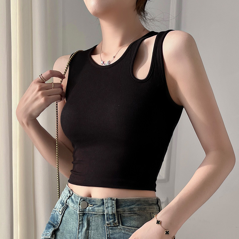 Hollow White Camisole Women's Summer Short Style with Padded Cup All-In-One Navel-Baring Sexy Inner Layering Top