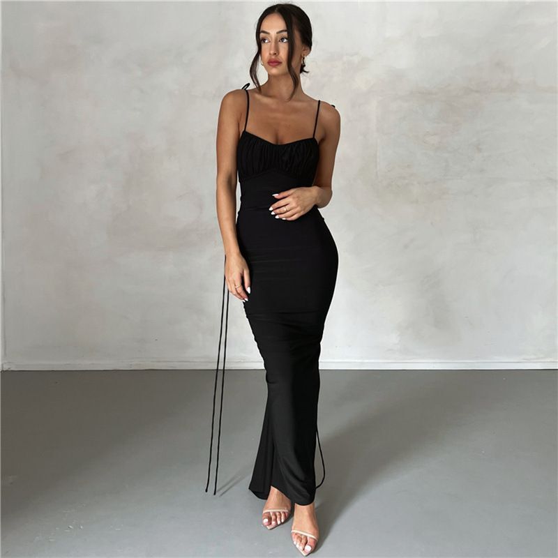 European and American Women's Fashion Cross-Border Sexy Backless Slim-Fit Bodycon Dress with Pleated Inner Side Black Long Skirt European and American Women's Fashion Cross-Border Sexy Backless Slim-Fit Bodycon Dress with Pleated Inner Side Black Long Skirt