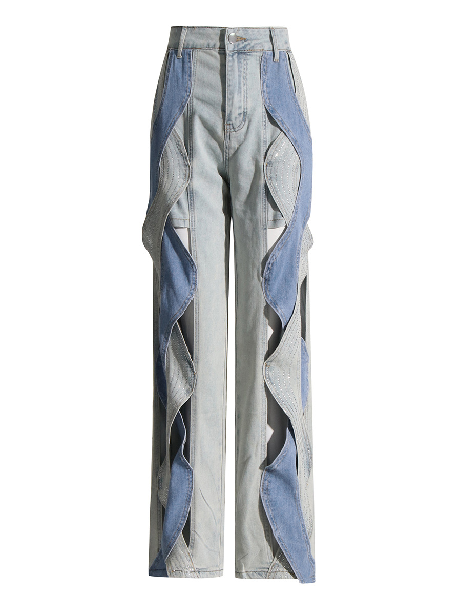 Jeans casuales de moda 2026 en stock, nuevo diseño de nicho, con bloques de color, cintura alta retorcida, pierna recta y efecto adelgazante
