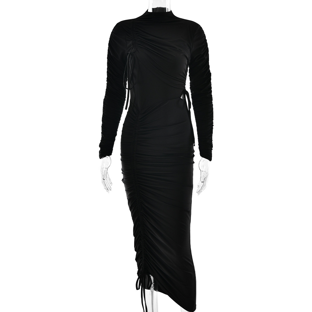 Women's New Sexy Long Sleeve Ruched Drawstring Tie‑Up Bodycon Maxi Dress_ecoleips.com