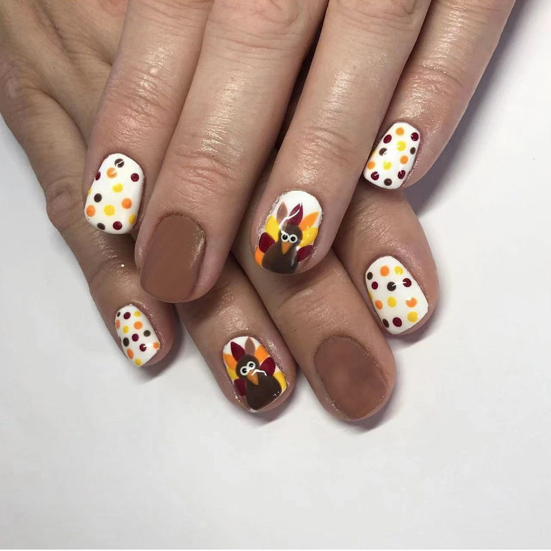Autumn Thanksgiving Turkey Color Wave Dot Design Cute Style Short Square Wear Manicure Patch Fake Nails