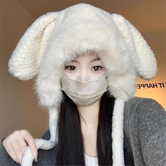 冬季毛茸茸帽子女可爱毛绒款兔耳朵大头围加厚保暖护耳骑车雷锋帽