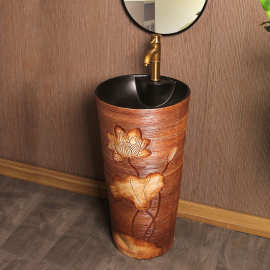 落地式一体立柱盆手工雕刻中式洗手盆陶瓷立柱式洗脸盆复古池