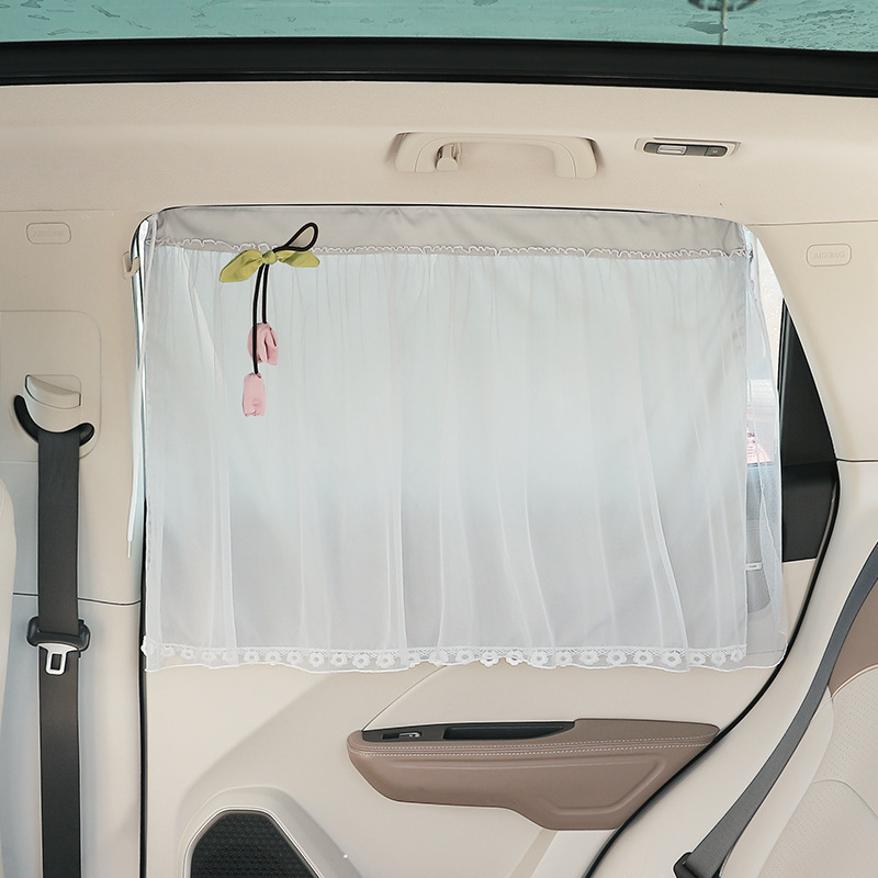 Qìchē – Car curtains Suction Cup Retractable - double-layer-flower-tassel-gray
