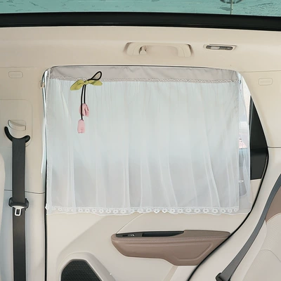 Car curtains Cup, Retractable Car Window Curtain - double-layer-flower-tassel-style-grey
