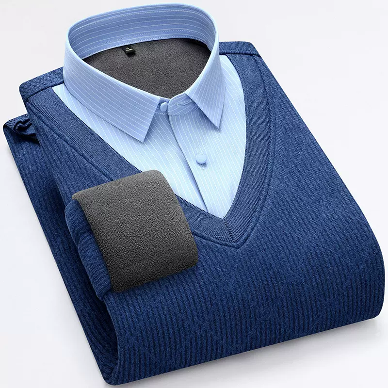 中老年冬季加绒加厚男上装爸爸假两件针织衫休闲衬衫领套头毛衣