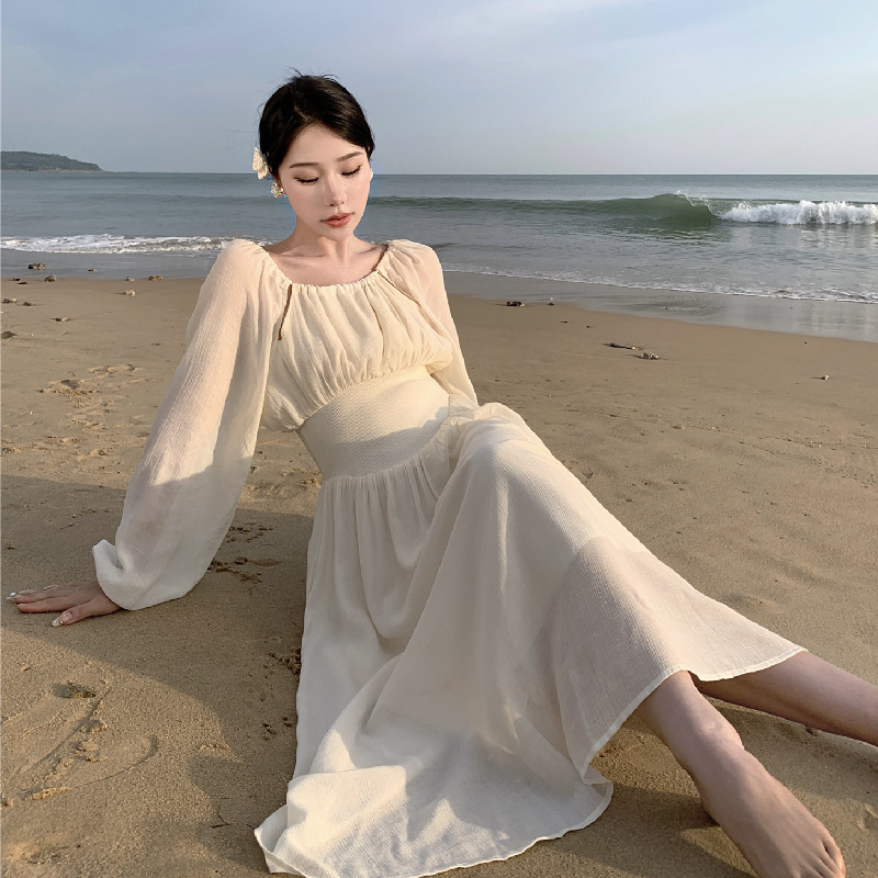 Real Shot 2023 Spring and Summer Cold Style Elegant Slim-fit Long Dress Tight Waist Mop Large Swing Ultra-long Long Sleeve Dress