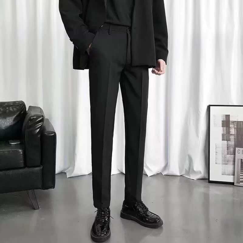 Летний костюм, черные мужские длинные тонкие штаны, slim fit, плюс размер, свободный прямой силуэт