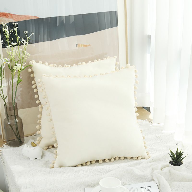 Ins-Style Solid Color Pom-Pom Cushion Modern Minimalist Velvet Pillow Cover Creative Pillow Trendy Ball Pillow