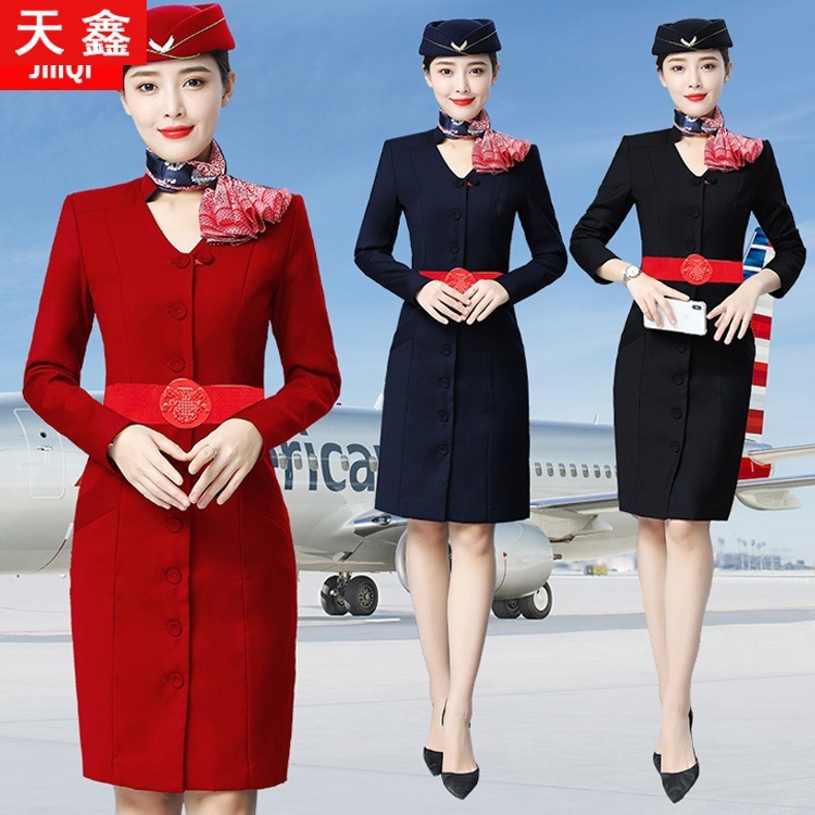 China Eastern Airlines stewardess uniform new fashion aviation professional dress women's long-sleeved flight attendant jewelry shop overalls