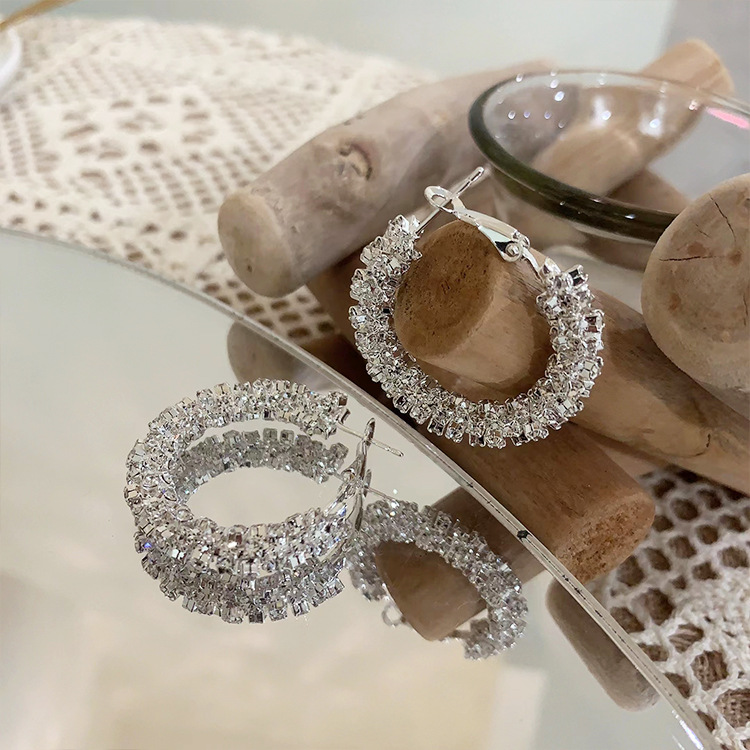 925 Silver Needles Light Luxury Minority Design Shiny Water Diamond Circle Earrings for Women, Minority Ins Style Starry Sky Versatile Round Earrings