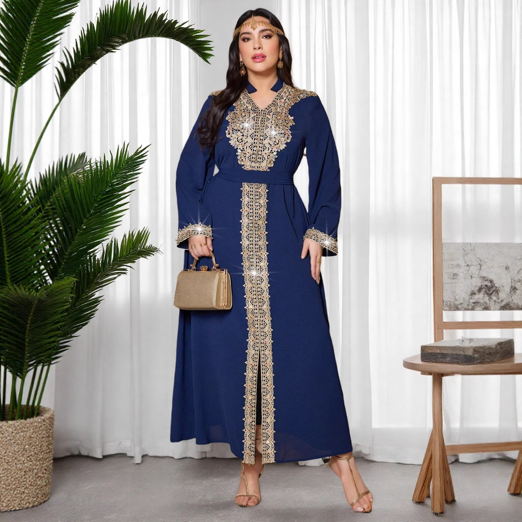 Middle Eastern Plus Size Vintage Arabic Dubai Embroidered Appliqué Rhinestone Dress Muslim Party Evening Gown_ecoleips.com