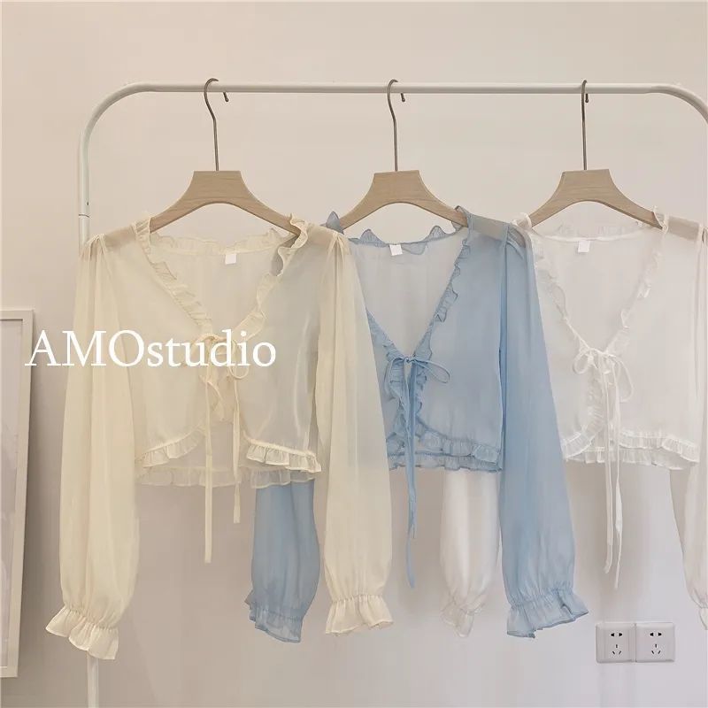 小心机短款蝴蝶结系带木耳边小披肩女2025夏装宽松长袖百搭防晒衫