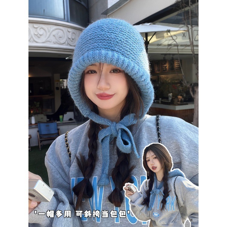 包包帽子女秋冬季慵懒绑带巴拉克拉针织帽甜美保暖护耳百搭毛线帽|undefined
