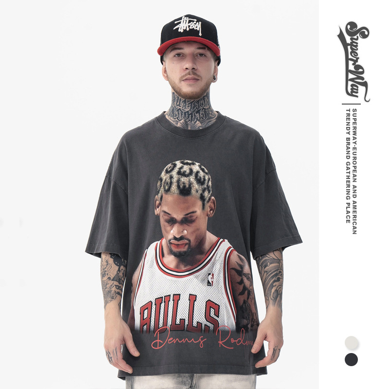 Ropa para Hombre FG | Camiseta de Manga Corta con Estampado de Rodman, Estilo Retro Europeo y Americano, Lavada y Desgastada, Nueva Tendencia Primavera/Verano 2025