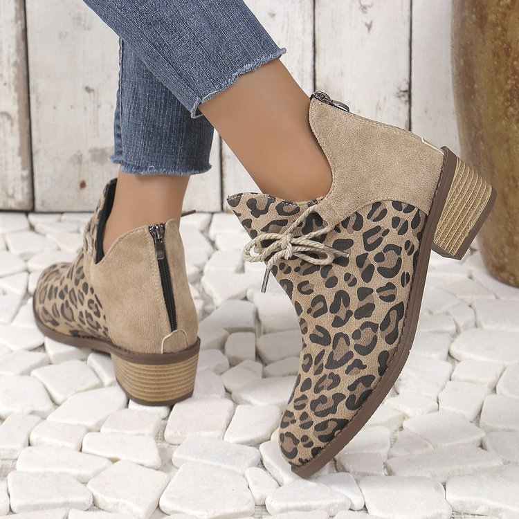 Große größe leopard print niedrigen ferse spitze kurze stiefel weibliche herbst und winter neue ein fuß steigbügel_voghion.com