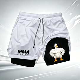 男子夏季MMA 2合1压缩短裤，有趣的肌肉鸭打印，快干休闲运动短裤