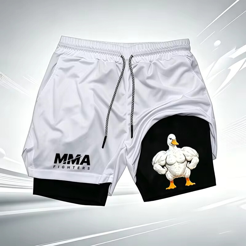 Men's Summer MMA 2-in-1 Compression Shorts, Funny Muscle Duck Print, Quick-Dry Casual Sports Shorts