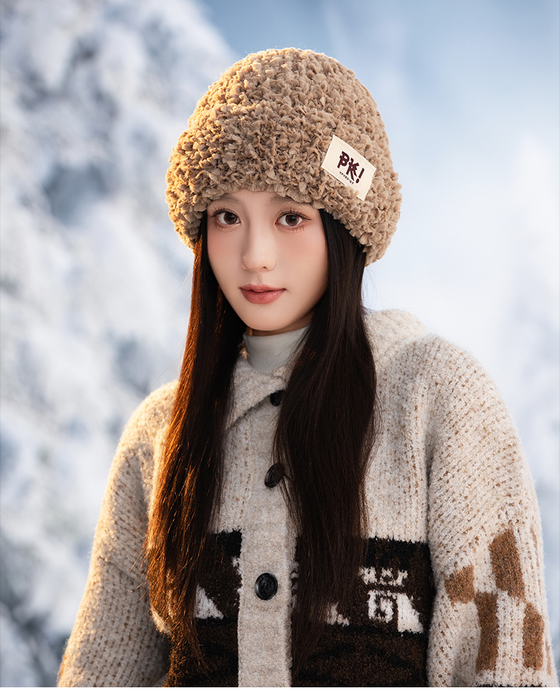 Autumn Winter New Cute Stretchy Knitted Korean Style Versatile Plush Outdoor Windproof Warm Pullover Hat_voghion.com