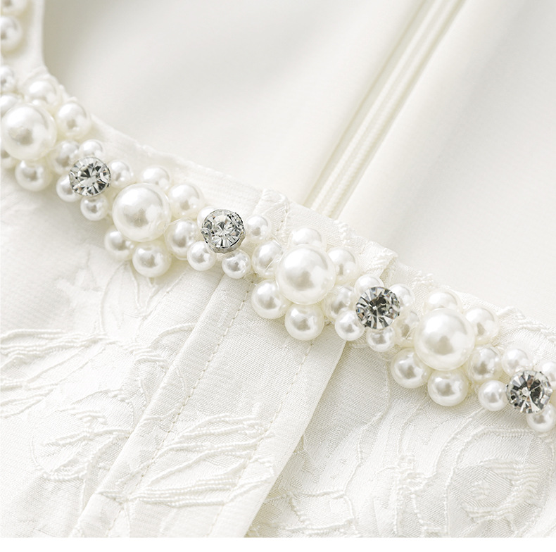 Váy liền tay phồng cổ vuông jacquard nổi họa tiết ngọc trai phong cách tiểu thư — Màu be chi tiết 12
