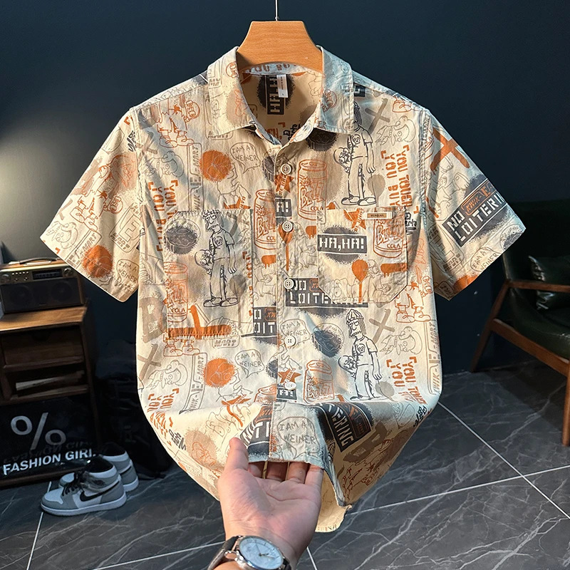 Summer New Style Lapel Short-Sleeved Shirt for Men, Fashionable, Casual, Personalized Graffiti Print, Loose Trendy Half-Sleeved Shirt Summer New Style Lapel Short-Sleeved Shirt for Men, Fashionable, Casual, Personalized Graffiti Print, Loose Trendy Half-Sleeved Shirt