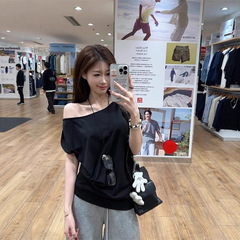 ツイストオフショルダー半袖Tシャツレディース夏新作ゆったりレイジースタイルオフショルダーアメリカンホットガールトップ