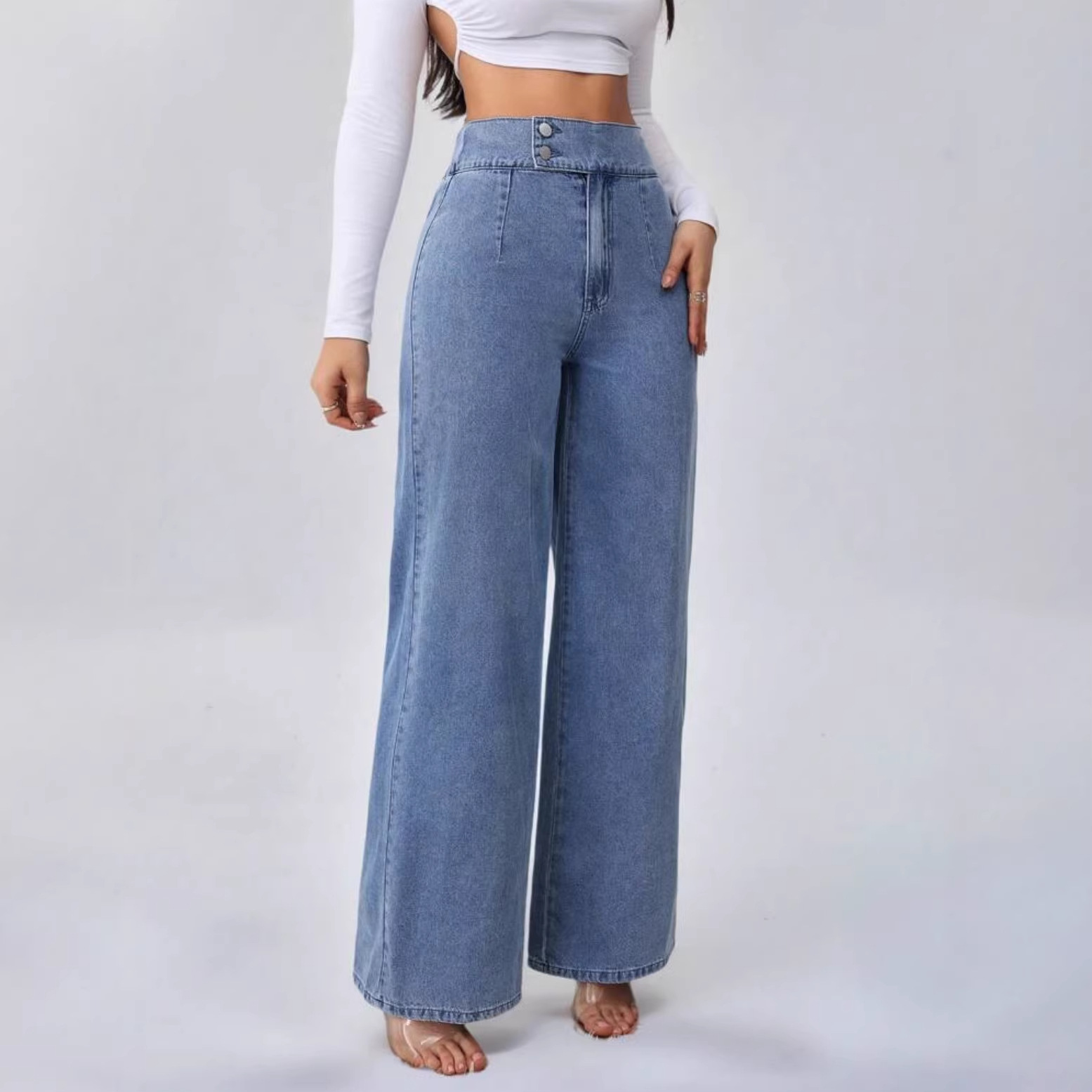 High-Waisted Straight Leg Jeans For Women – Classic Blue Denim Pants With Double Button Detail (Dark Blue/Light Blue, S-XXL)_voghion.com