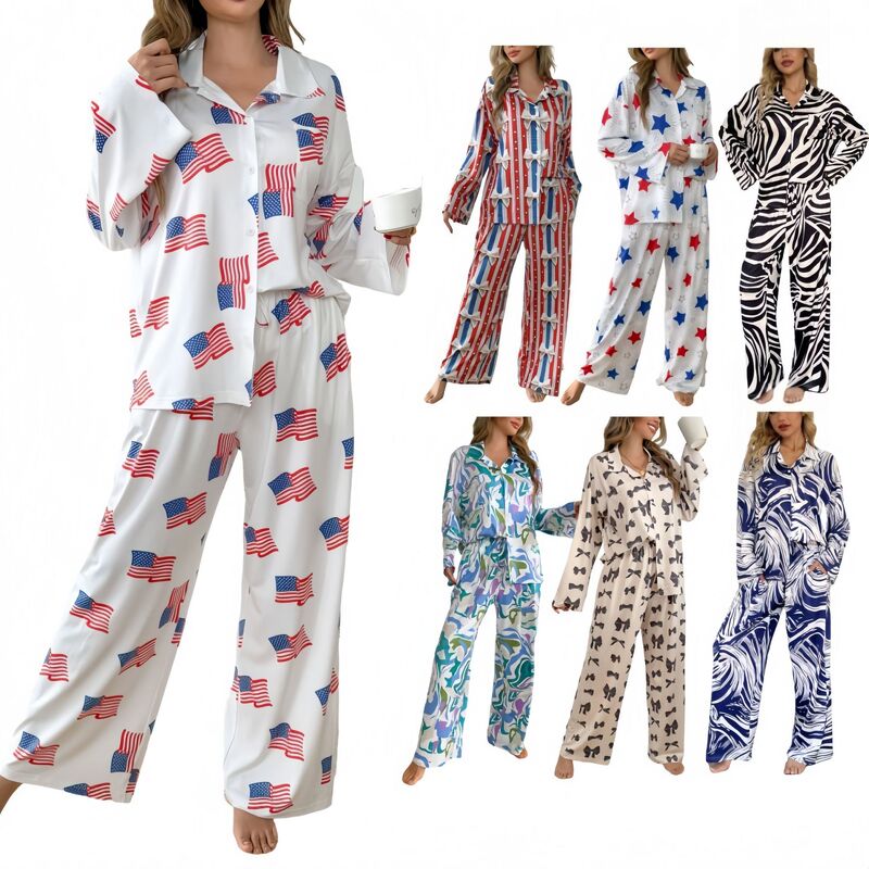 2025 Cross-Border Amazon Digital Printing Long Sleeve Trousers Loose Suit Women's Casual Pajamas Home Clothes Pod