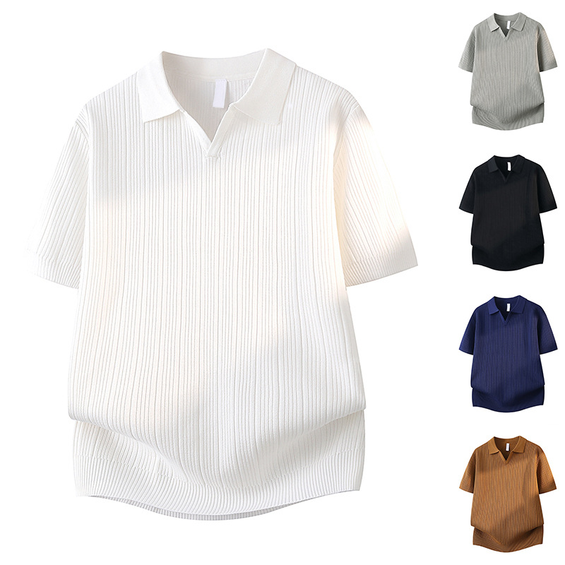 Polo camiseta de punto camiseta de manga corta hombre V-collar ventana delgada negocios camiseta de hielo de verano fábrica transfronteriza al por mayor