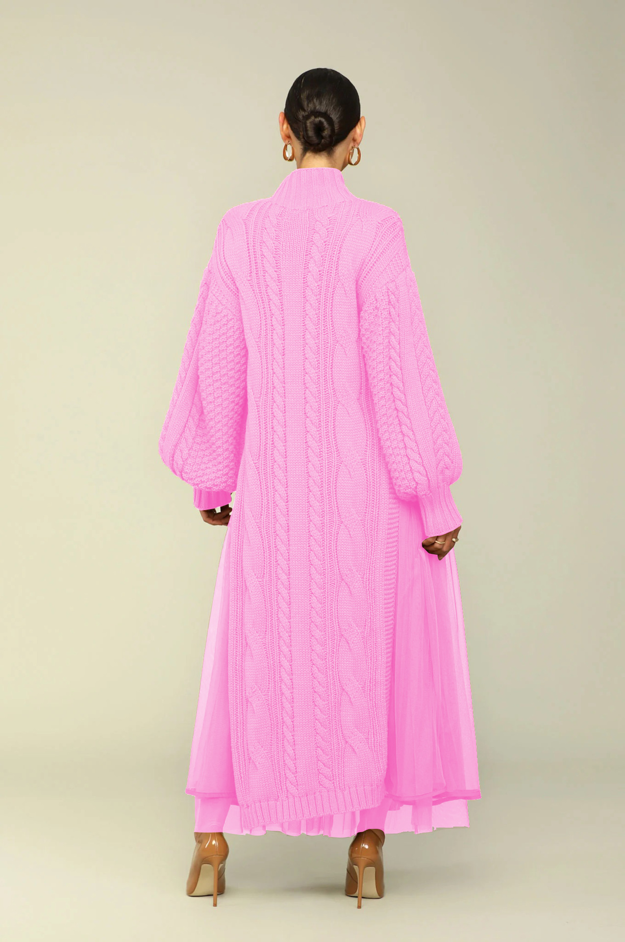Women's Clothing women's fashion solid color lantern sleeve stand collar knitted skirt sweater skirt dress two piece suit_voghion.com