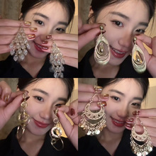 欧美银针圆形镂空流苏吊坠耳环个性夸张休闲耳钉设计感小众耳饰女