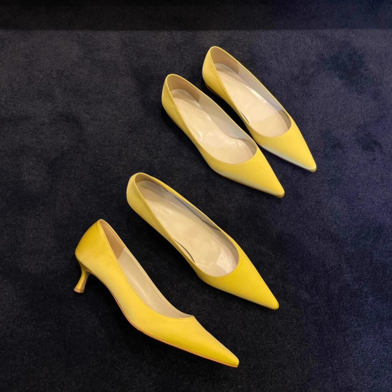 in stock a generation of yellow satin high heels female workplace pointed shallow flat shoes
