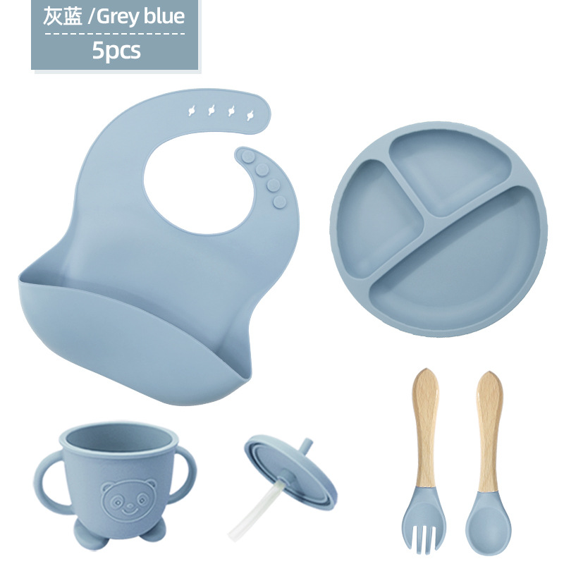 Vajilla de silicona para niños Juego de 6 piezas de silicona para bebés Tazón de alimentos complementarios separados Cuchara tenedor Taza para aprender a beber Juego de vajilla para madres y bebés