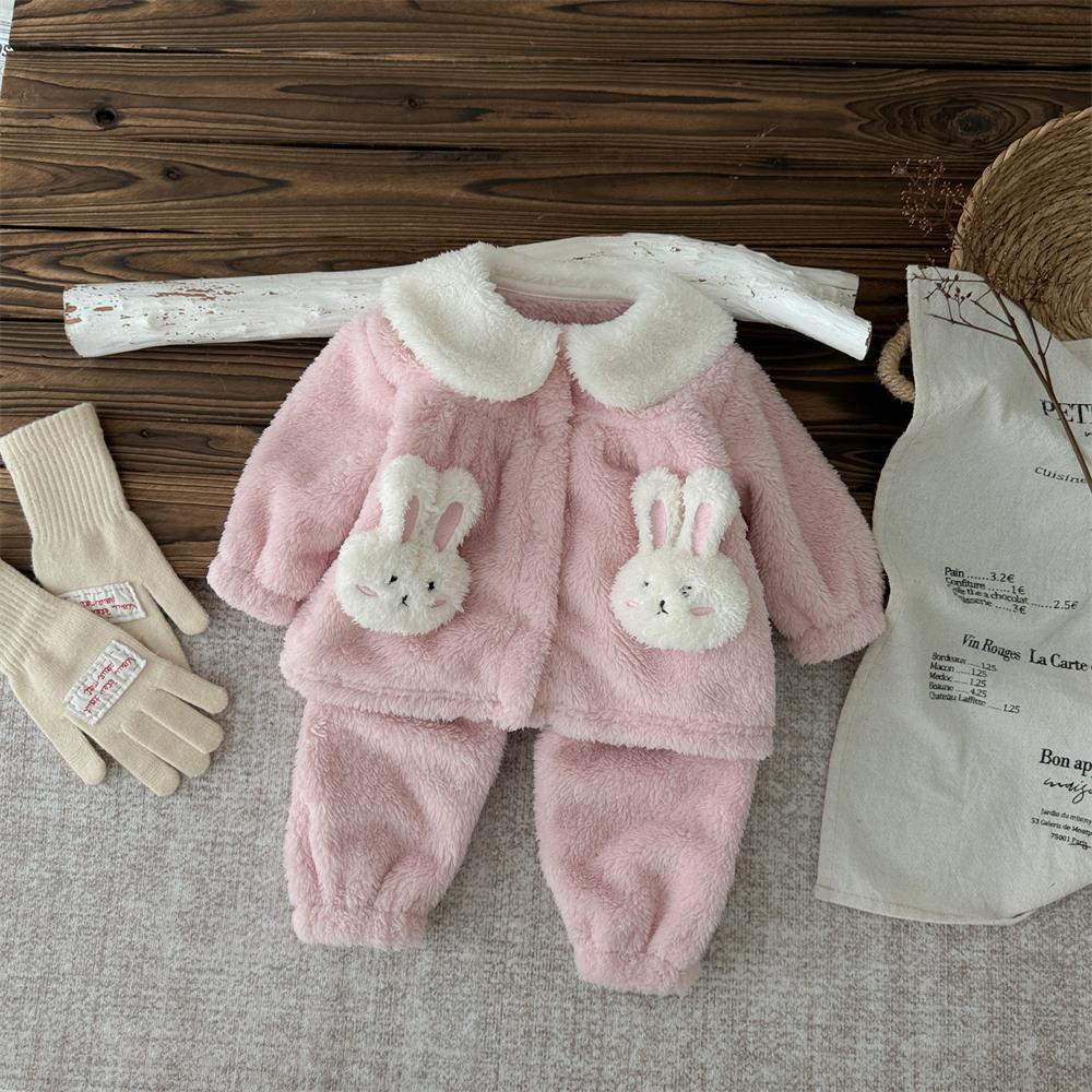 Ropa de invierno, ropa de casa para bebés y niños pequeños, estilo occidental, lindo conejito, cuello de muñeca, mampara de piel cálida, traje de bebé femenino