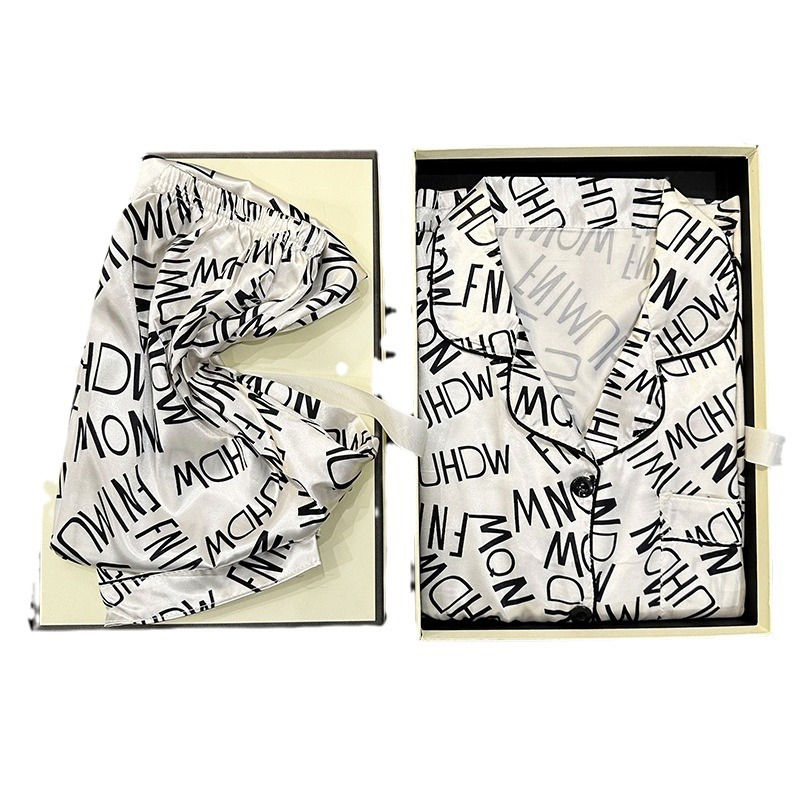 Inventario primavera y otoño imitación de seda hielo seda pijama damas manga larga pantalones cardigans set de ropa para el hogar