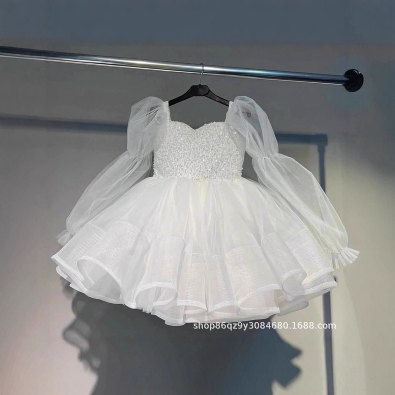 First Communion Dresses Long Sleeve Tulle Sequin Flower Girl Dress Bow Decoration Princess Dress Party Gown