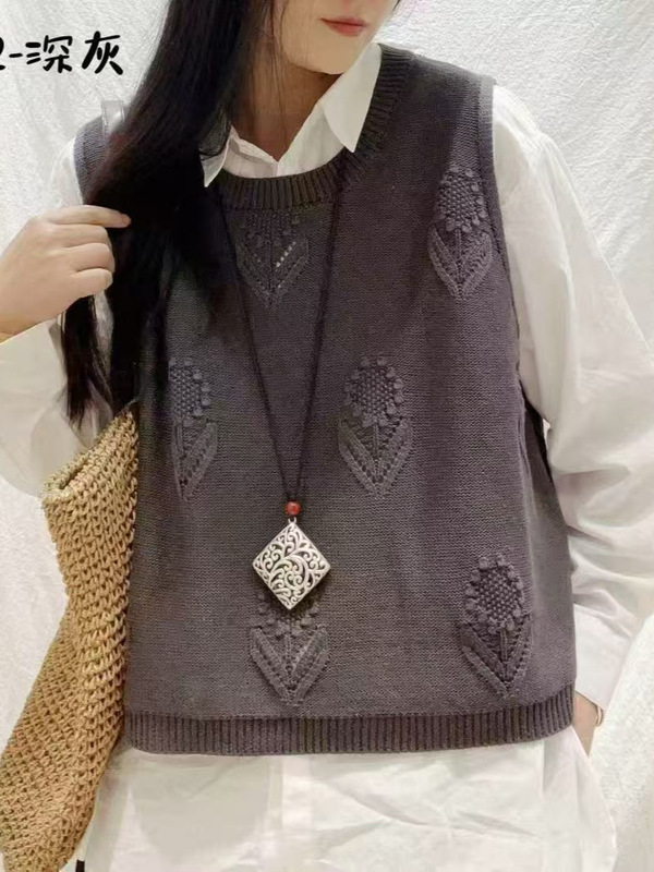 25年秋款马甲女圆领棉线套头提花马夹宽松休闲韩版学院风坎肩马夹|undefined
