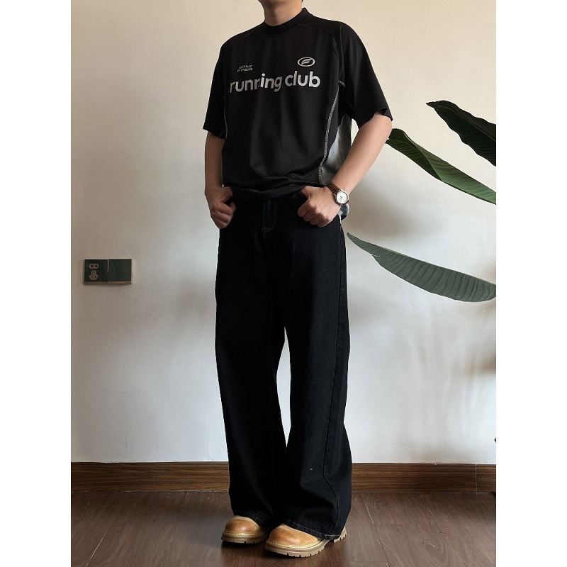 Retro Wide Leg Black Jeans Loose Fit Distressed Style mid Waist Clean Cut 2026 American Basic Washed Straight Pants_mkmklike.com