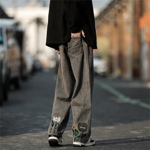 Black jeans for men, national trend embroidery, high street summer youth work pants, thin, nine-inch casual