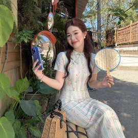火火火【砚池荷风】新中式改良旗袍女翻领盘扣碎花夏季短袖连衣裙