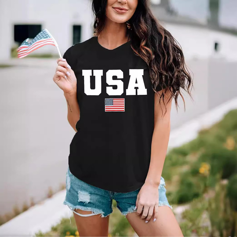 Amazon Cotton European and American Code USA American Flag July 4th Independence Day T-Shirt Women plus size Short Sleeve Crewneck
