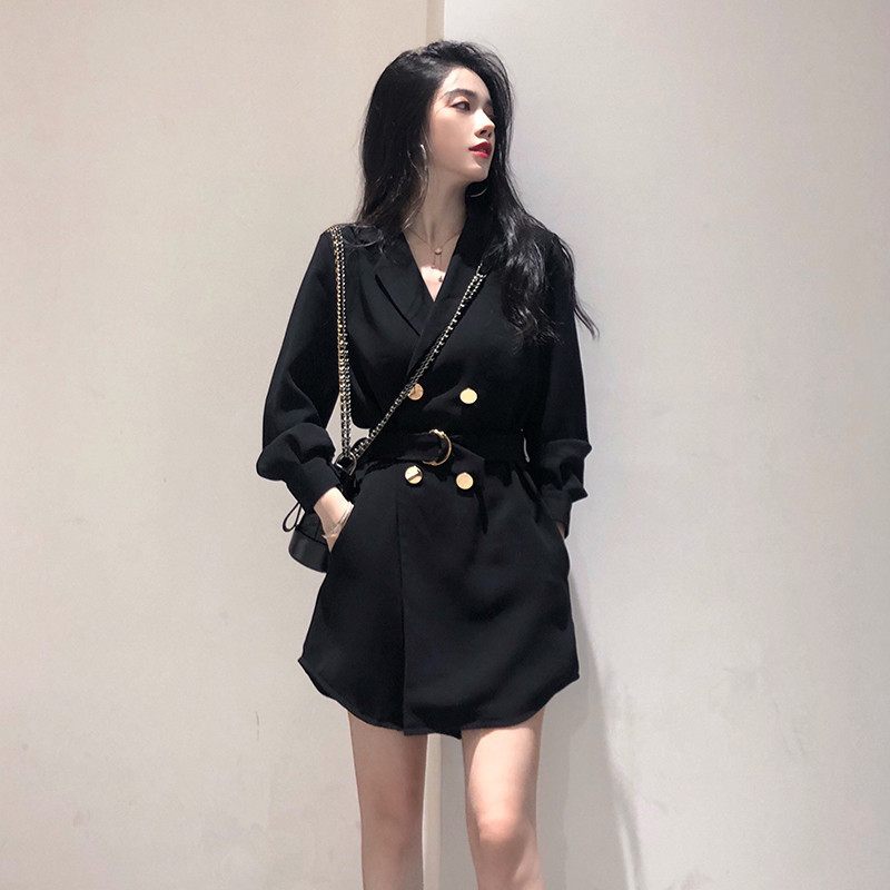 春夏2025新款感法式显瘦显高长袖小西服外套收腰气质西装连衣裙