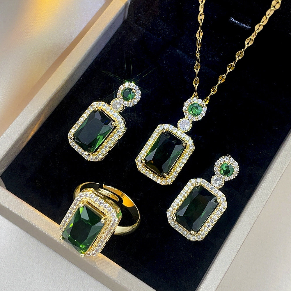 Retro Square Titanium Steel Inlay Zircon Rings Earrings Necklace