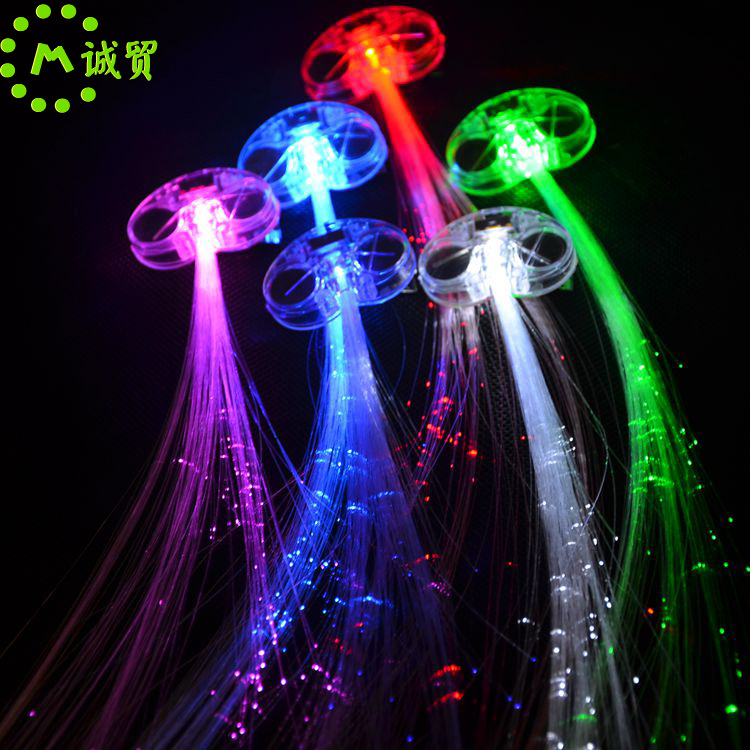 厂家供应七彩发光辫子光纤丝辫批发LED灯闪光发夹头发酒吧助威